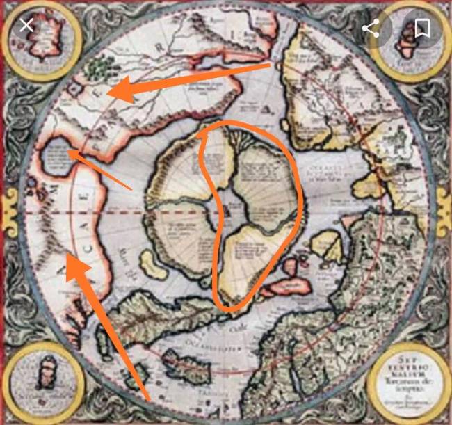 Nyilakkal jelöltem Észak-Amerikát és a Hudson-öblöt. Az észak-amerikai kontinens méretaránya Mercator Hüperboreájának jobb oldali részéhez képest egyértelműen nagyobb, mint maga Hüperborea. És a Hudson-öböl is pontosan ott van, ahol lennie kell.