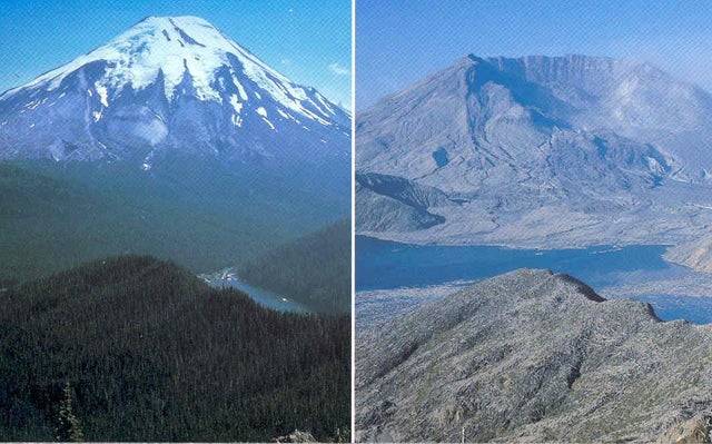 A Mount Saint Helens vulkán - kitörés előtt és után.