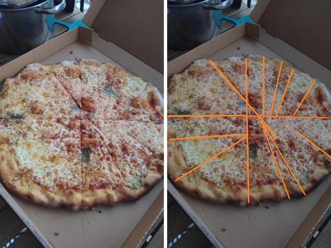 „A pizza, amit Görögországban rendeltünk, és a szeletelés módja."