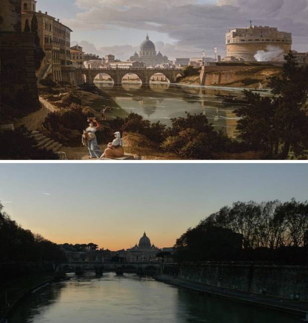 Róma látványa a Tevere partjáról egy 1834-es festményen és egy modern fényképen.