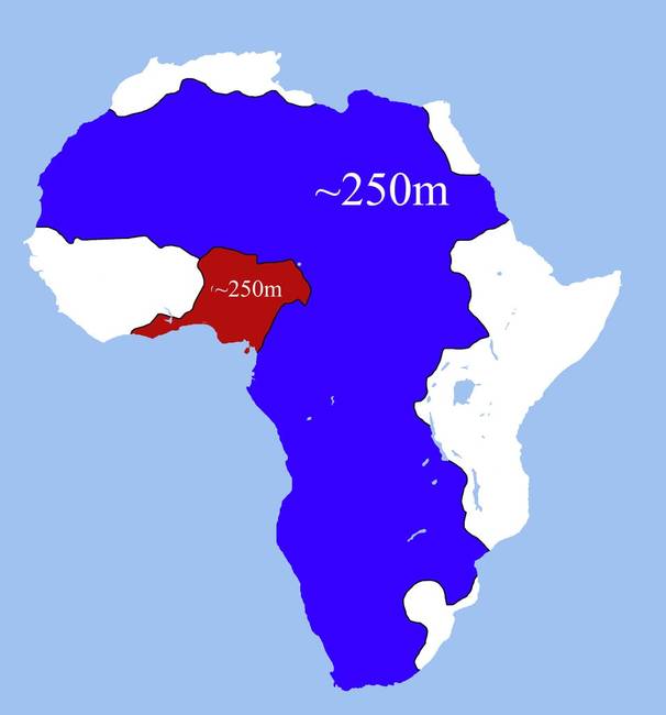 Afrika pirossal és kékkel jelzett területein nagyjából ugyanannyi ember él: 250-250 millió.