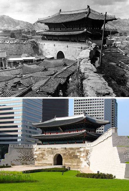 Namdemun kapu, Szöul, Dél-Korea - 1904-ben és napjainkban.