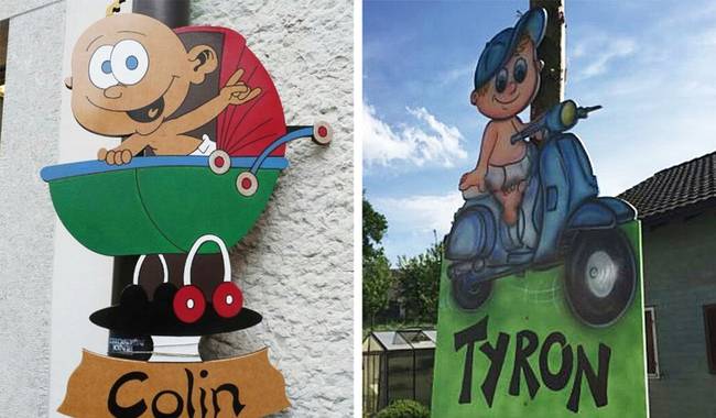 A svájci emberek rajzfilm-plakátokat és mesefigurákat raknak a házakra / kerítésekre, ha kisgyermek született a családban.