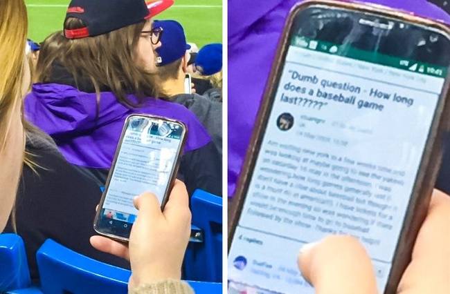 A "Hülye kérdés: milyen hosszú egy baseball meccs?" című cikk olvasása arra utal, hogy ez a lány nem örül neki annyira, hogy a barátja őt is elhozta a meccsre.