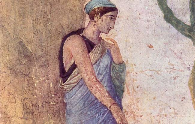 Falfestmény-töredék Pompejiben. A kék stólát a vállon fibulával rögzítették