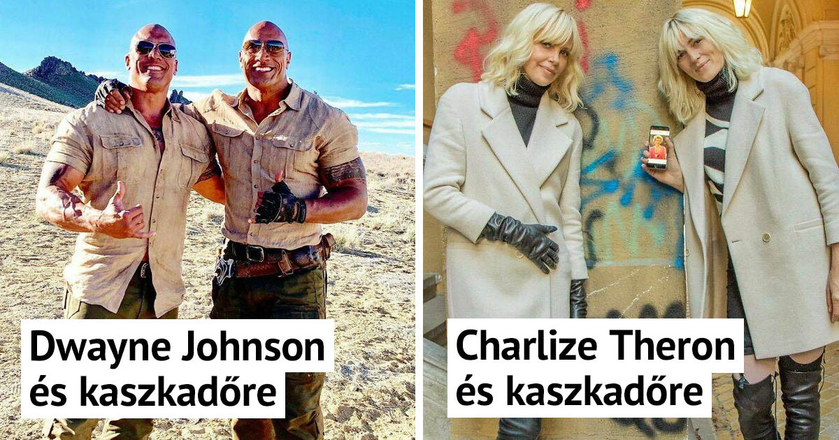 15 színész és a kaszkadőrje, akik egymás mellett állva úgy néznek ki, mint az ikertestvérek
