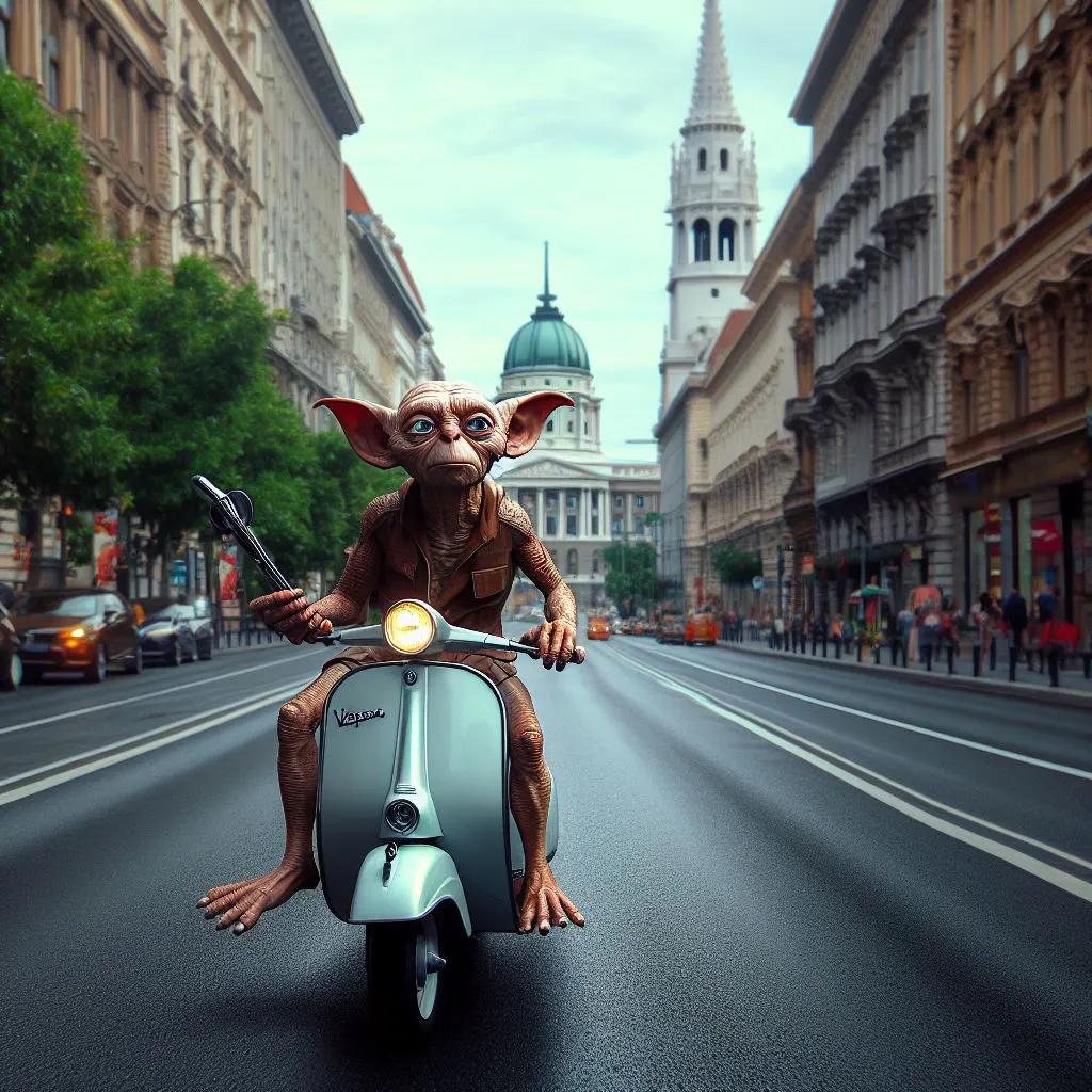 Dobby mikozben Vespa val motorozik a budapesti Andrassy uton elethu stilusban mintha film lenne