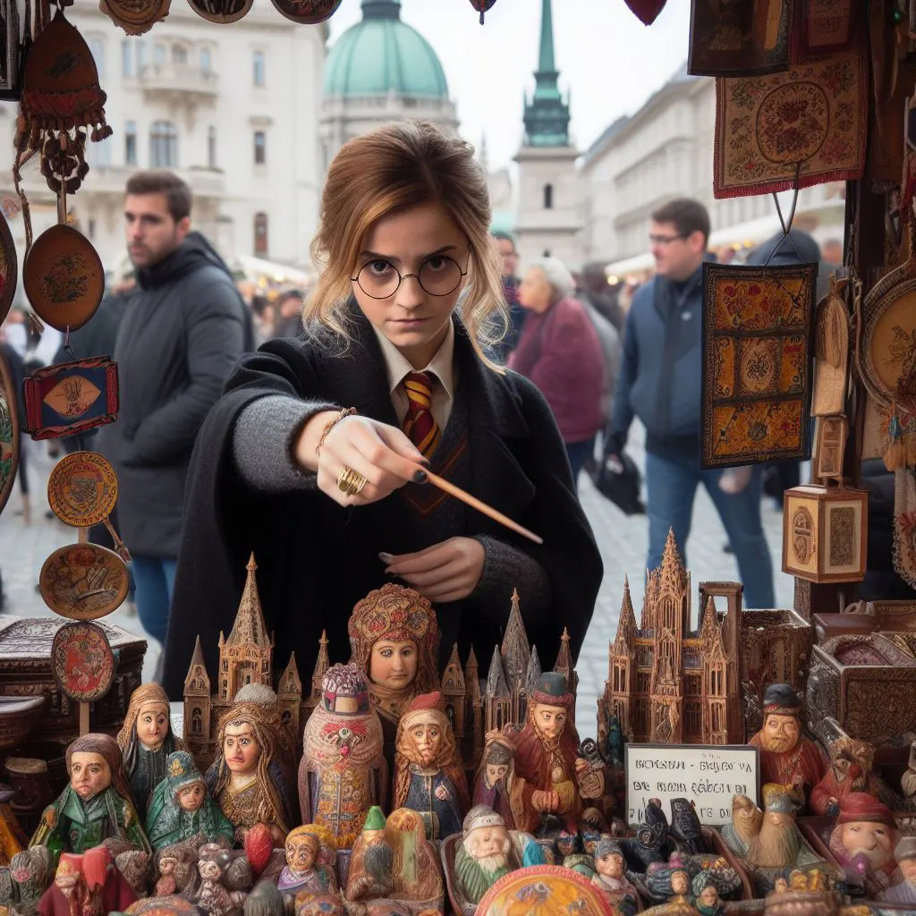 Hermione Granger amint magyar szuvenireket arul Budapesten
