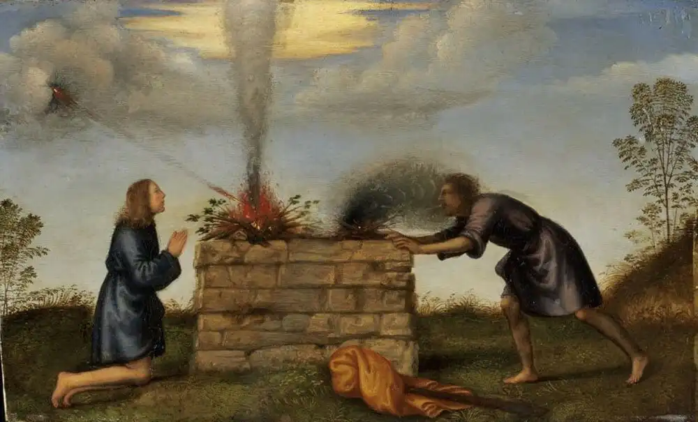 Hogyan, mivel és miért ölte meg Káin Ábelt? Ábel, Ádám és Éva, áldozat, Biblia, bűnbeesés, Édenkert, eredendő bűn, féltékenység, festészet, galéria, gyilkosság eszköze, irigység, Isten, Káin, kereszténység, ószövetségi történet, szamár állkapcsa, Teremtés könyve, testvérgyilkosság, vallás