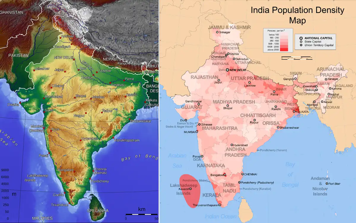 Miért laknak olyan sűrűn India északkeleti részén és sokkal kevesebben az ország délnyugati, tengerparti részén? Dél-India, Észak-India, földrajzi tényezők, Himalája, India népessége, mezőgazdaság, népességeloszlás, népsűrűség, vízrajz